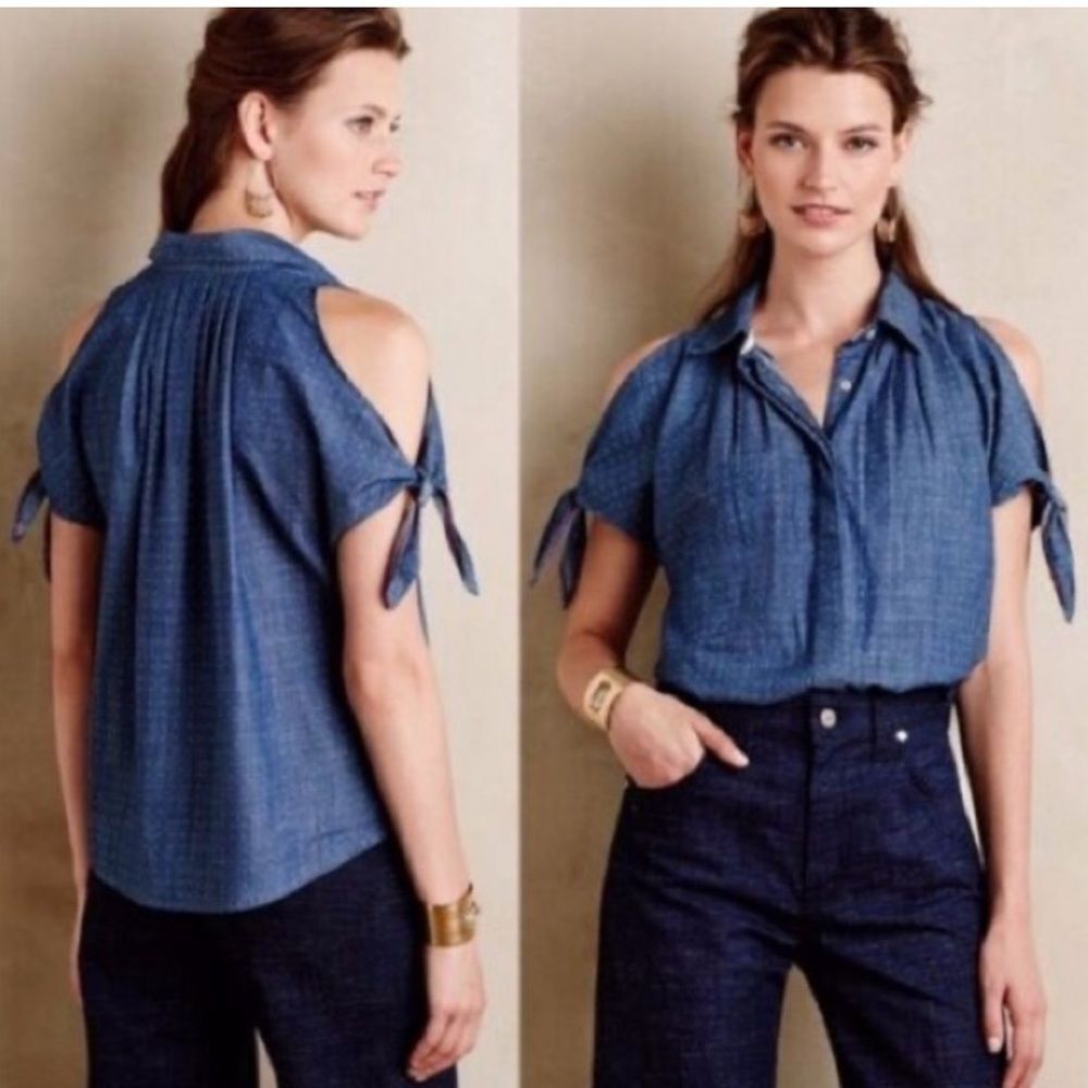 Anthropologie Holding Horses Chambray Polka Dot Cold Shoulder Shirt Size 6